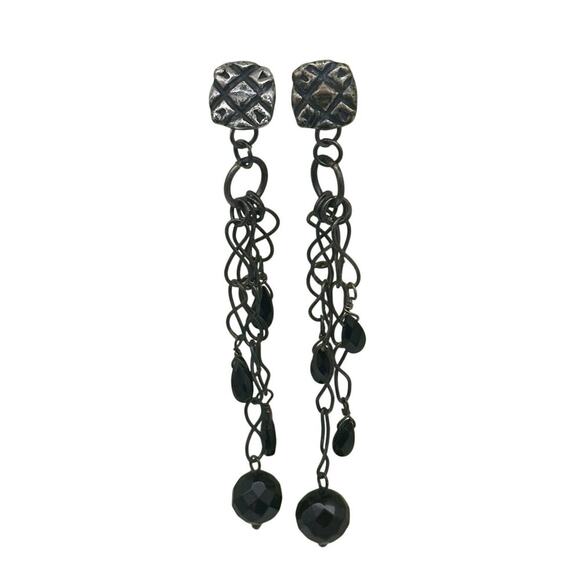 mob Jewelry - Vintage MOB 925 Mexico Long Dangling Chandelier Earrings With Black Beads